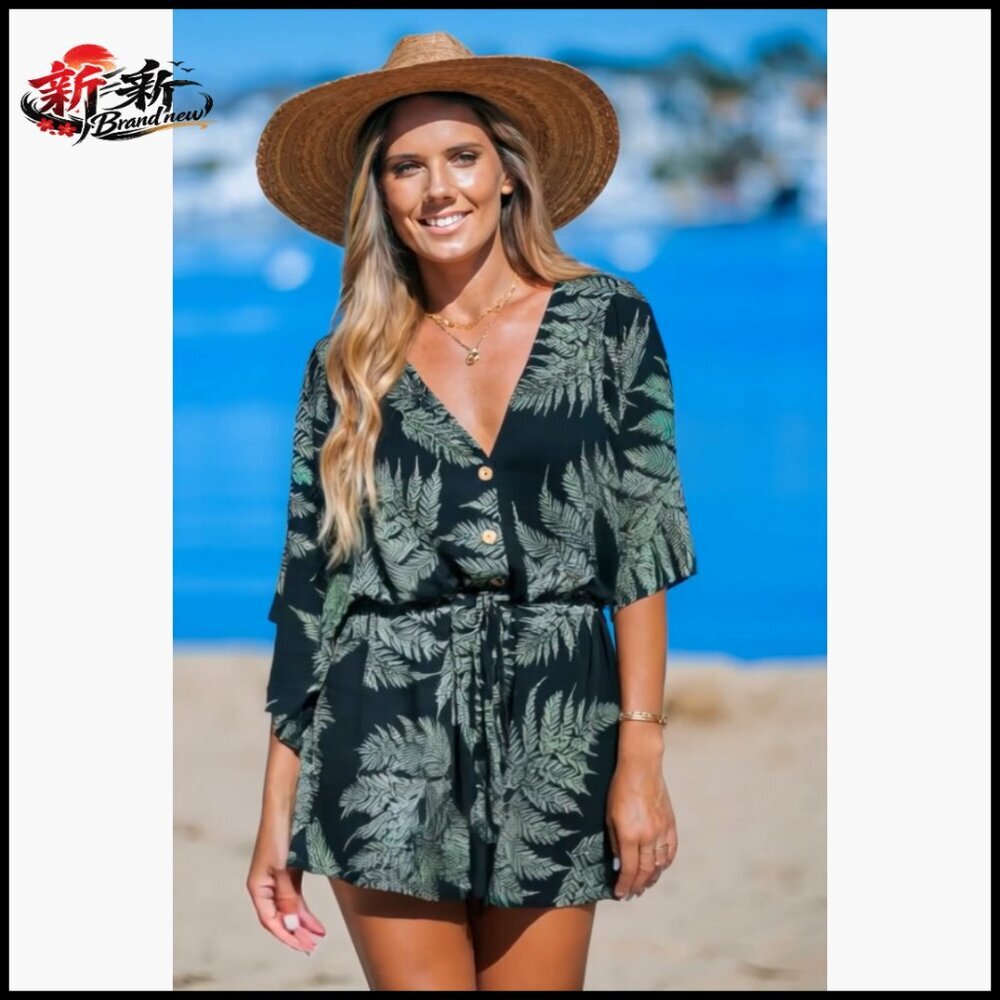 Polyester Romper with V-Neck and Tie Waist for Summer Beach Wear - Picture 6 of 6